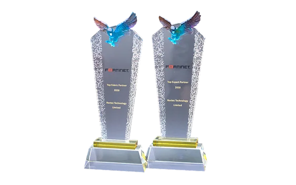 Fortinet Top Fabric Partner and Top Expert Partner 2020 trophies