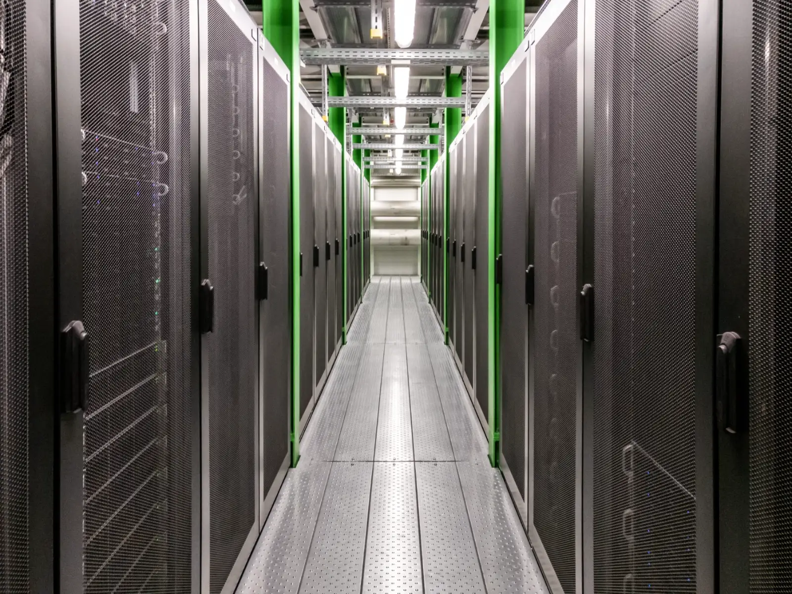 Server room corridor lined with network racks