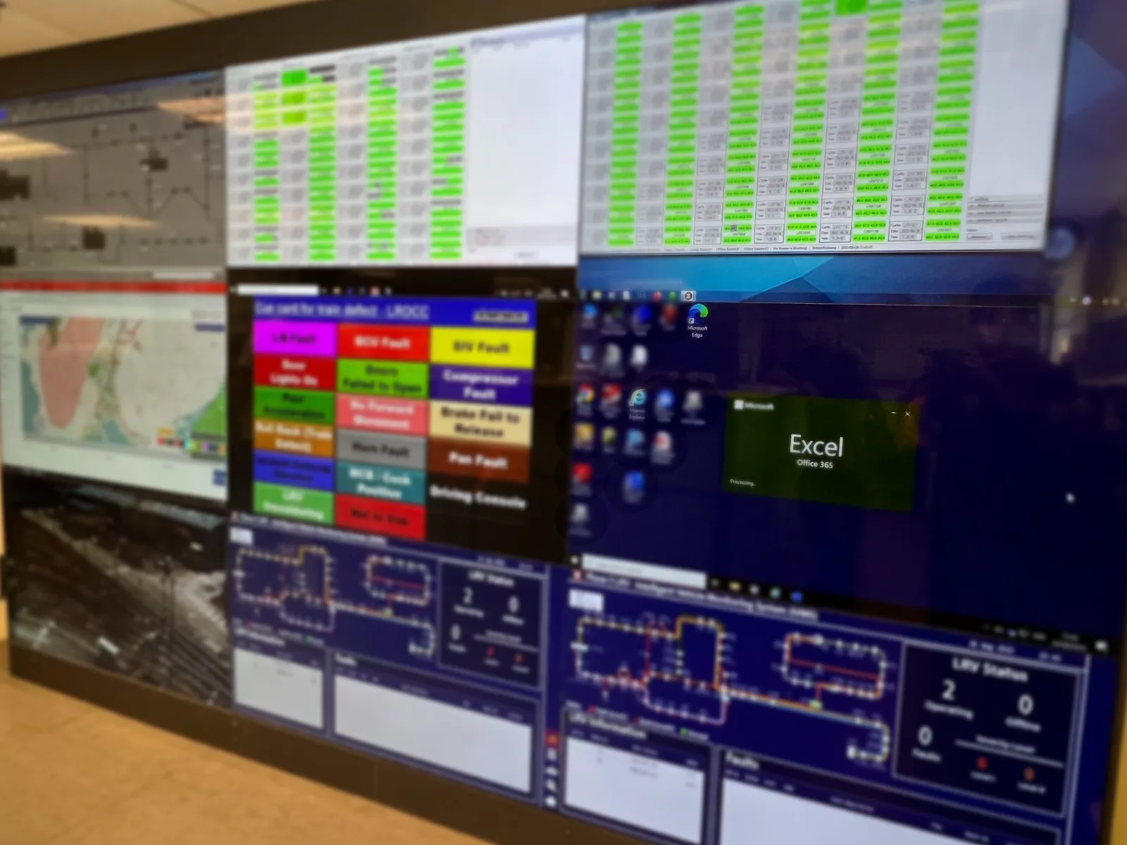 Control centre video wall showing light rail vehicle status